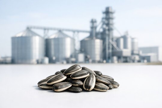 Food industry production of striped sunflower seeds with a modern agricultural oil processing factory and silos