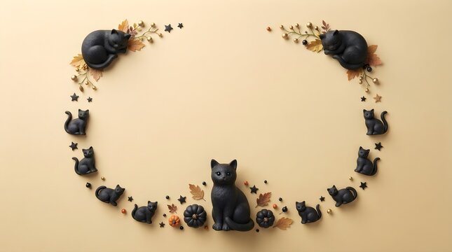 Black cat Halloween frame with autumn leaves and decorative pumpkins on beige background