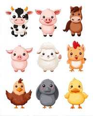 Fototapeta premium Collection of cute cartoon farm animal characters including a cow, pig, horse, sheep, and various birds for kids.