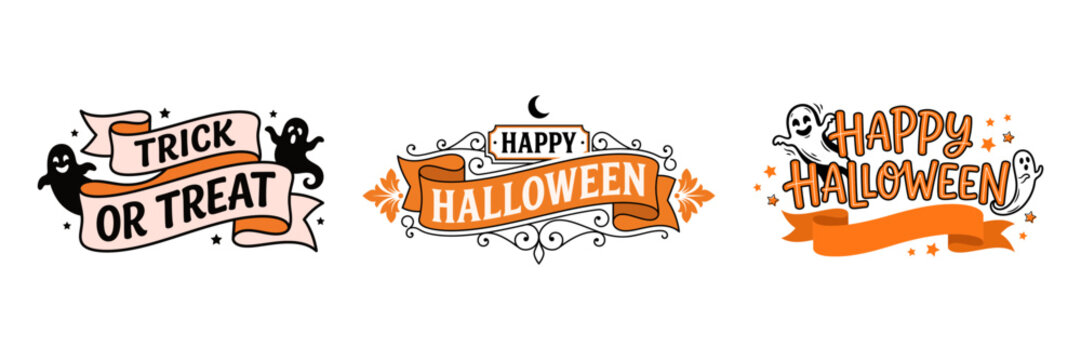 Set of halloween badges with ghosts, ribbons, and text, vintage style festive labels for holiday cards and party decorations