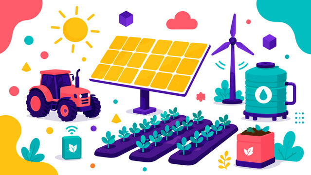 Vibrant farm merges technology with nature. Solar panels and wind turbines power sustainable growth. Tractor tills soil beside green rows of crops. Smart devices connect farm to future