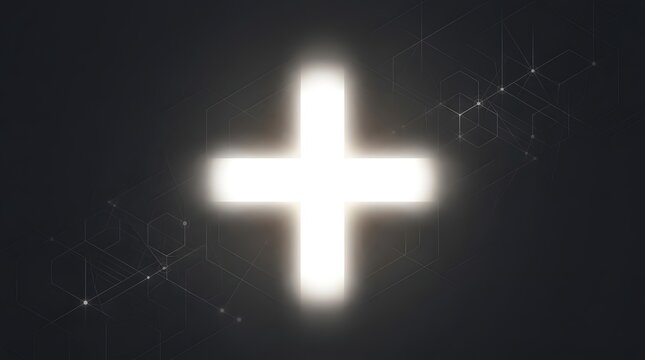 A bright plus sign illuminated against a dark background, surrounded by abstract geometric patterns and glowing particles. This symbol represents addition, positive outcomes, or advanced technology.
