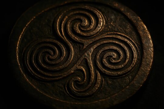 Ancient bronze medallion featuring embossed celtic triskele spiral symbol representing traditional spiritual heritage