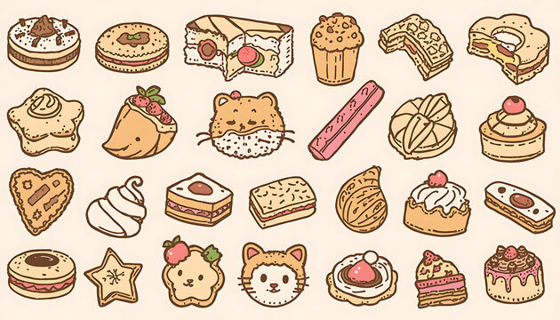 Sweet pastry and cookie doodle collection with various shapes, jelly centers, and wafers for bakery menu design.