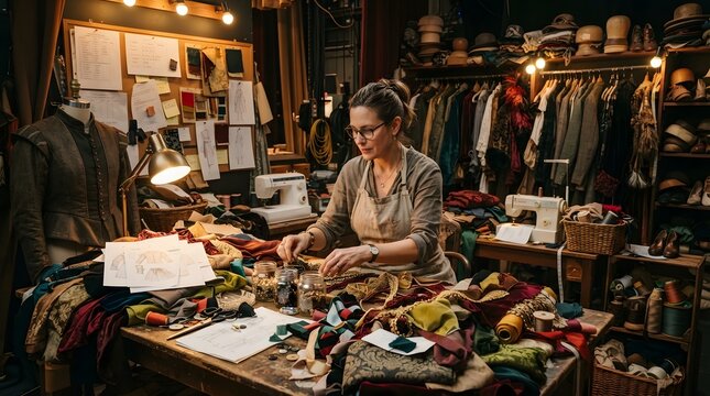 Woman working in sewing shop during textile design tailoring and fashion production