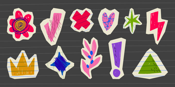 Cute paper sticker collection isolated on black. Vector realistic illustration of hand drawn color crayon heart, star, lightning, flower, crown, check mark sign on cut notebook sheet, school icons
