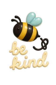 Cute bumblebee illustration with be kind handwritten typography lettering isolated on white background