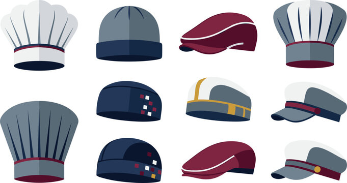 Collection of flat vector hats and caps including chef toques, beanies, and professional caps.