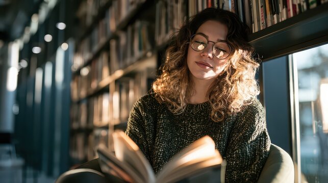 Young woman reading a book in a modern library with warm natural light