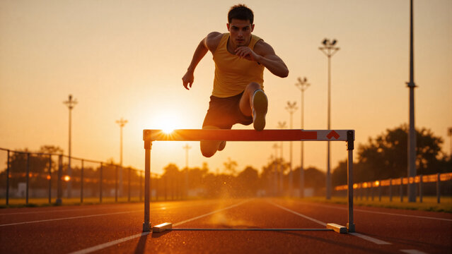 Athletic young man leaping over a obstacle on an outdoor running track at sunset, illuminated by warm backlighting with dynamic energy and focus.