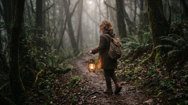 Young girl with backpack holding lantern walks on a foggy forest path surrounded by lush green foliage