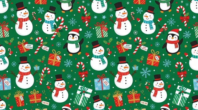 Festive Christmas Snowmen and Penguins Background
