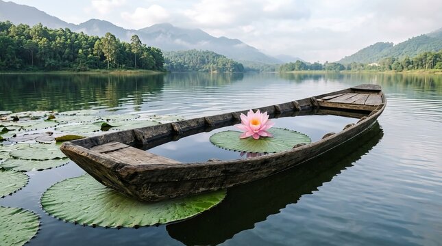 Traditional wooden boat floating on a serene river surrounded by lush greenery.