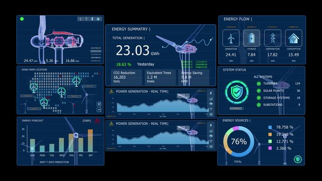 Futuristic wind power dashboard with animated numbers and graphics showing electricity generation, turbine performance, energy output, and digital monitoring.