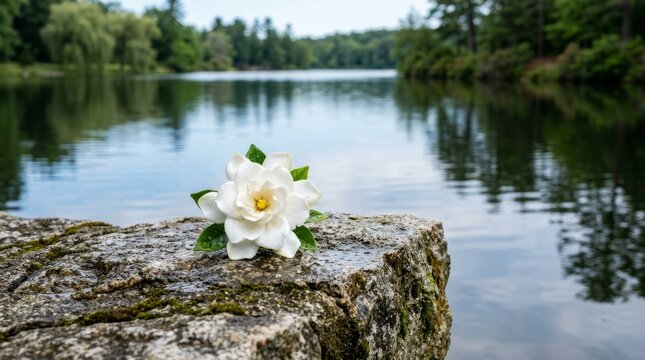 Yellow rubber duck floating on calm lake surrounded by rocks and trees.