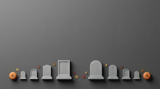 Halloween graveyard scene with miniature tombstones on grey background