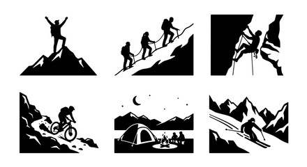 Fototapeta premium Mountain Adventure Icons: Climbing, Skiing, Biking, Camping Vector Set