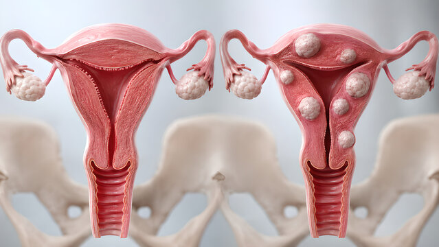 Uterine fibroids comparison medical illustration showing normal uterus anatomy versus fibroid-affected uterus in side-by-side 3D cutaway view for gynecology education and patient healthcare content