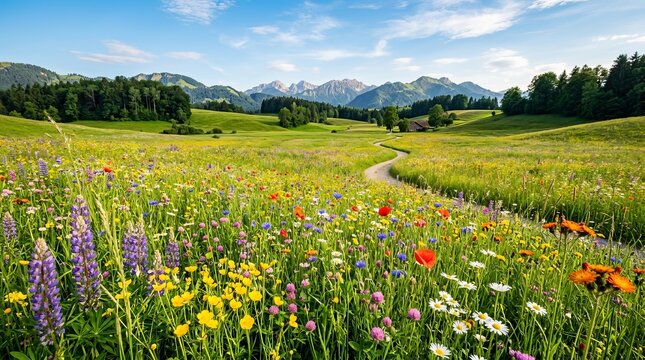 Vibrant wildflower meadow with colorful blooms and distant mountains.