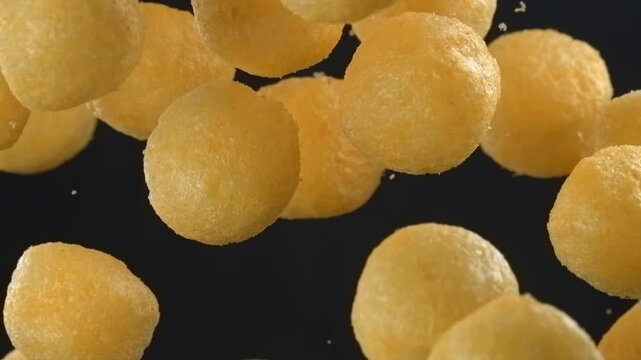Cheese corn balls flying in super slow motion on black background