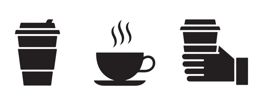 Black coffee cup icons featuring take away container and hot mug with steam on transparent background vector.