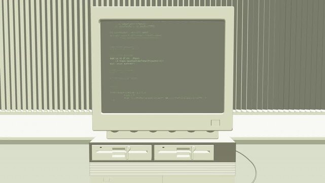 レトロPCとキーボードのアニメーション　架空のコード表示　ズームアウト