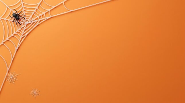 Halloween background with white spider web and black spider on orange backdrop
