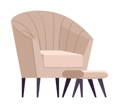 Beige armchair. Soft comfy wingback chair with matching wooden footstool flat vector illustration. Mid century home furniture