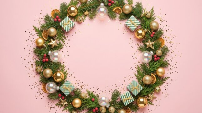 Christmas wreath decorated with gold ornaments and small gift boxes on a pink background