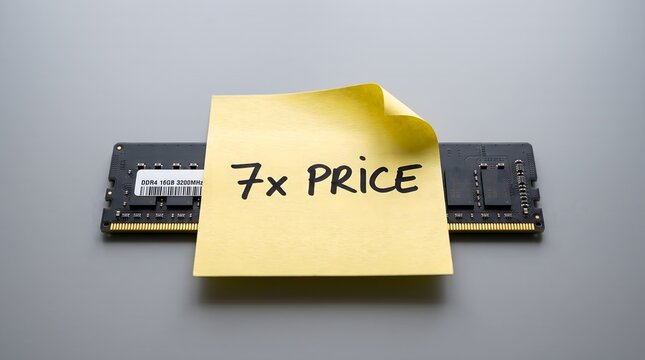 A yellow sticky note placed on a computer memory stick featuring a handwritten message regarding a seven times increase in market price