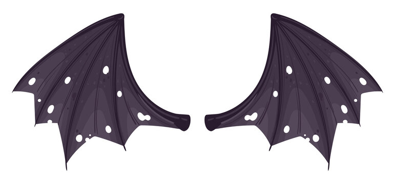 Bat wings silhouette. Dark purple flying monster wings with curved membranes and pointed tips flat vector illustration. Cartoon gothic Halloween limbs