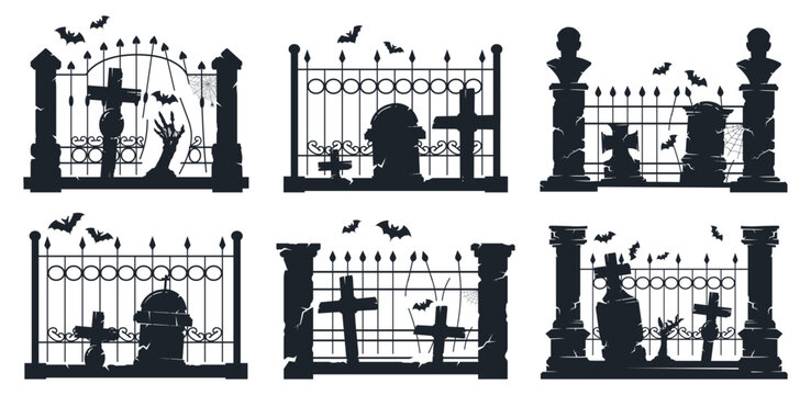 Gothic cemetery fence collection. Black graveyard gates, tombstones, crosses and bats scenes flat vector illustration set. Halloween horror graphics isolated on white background