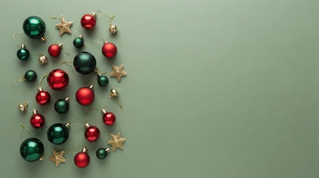 Festive christmas background with red and green ornaments arranged on a light green surface