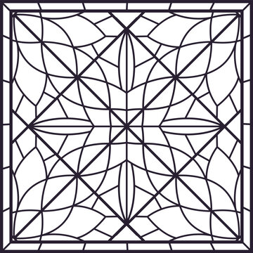Geometric stained glass. Symmetrical abstract window pattern with curved floral shapes flat vector illustration. Decorative architectural design