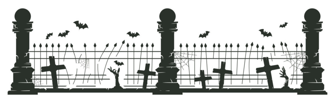 Halloween cemetery fence silhouette. Gothic graveyard gates, tombstones, crosses and bats flat vector illustration. Spooky horror decoration border