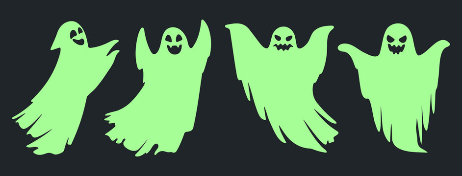 Ghost characters. Cute glowing Halloween ghosts in different floating poses flat vector illustration set. Spooky holiday mascots