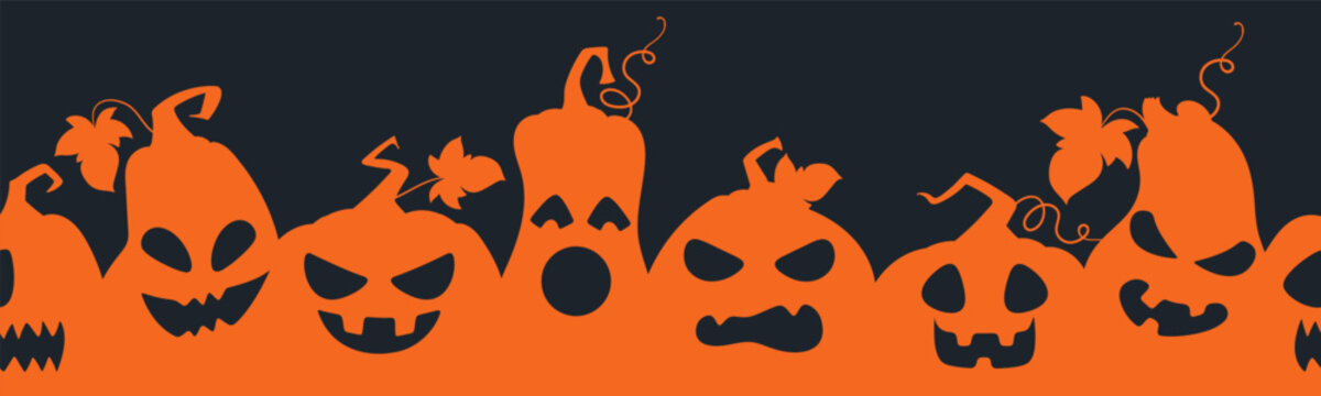 Halloween pumpkin border. Orange jack o lantern faces with spooky expressions flat vector background illustration. Festive holiday decoration