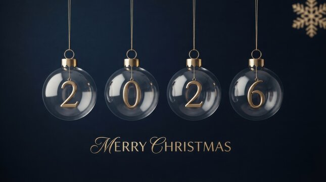 Four glass christmas ornaments hanging with the year 2026 inside against a dark background