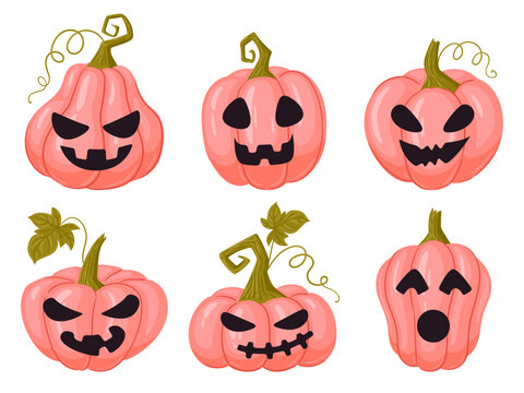 Halloween pumpkin collection. Carved jack o lanterns with different spooky faces, vines and leaves flat vector illustration set. Autumn holiday characters