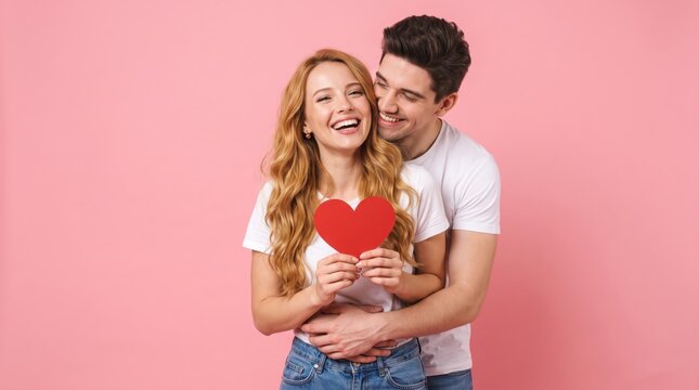 Happy young couple in love holding a red paper heart against a pink background
