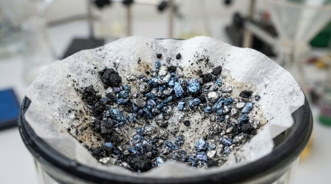 Cobalt and nickel granules on filter paper with droplets and rough feedstock for material recovery