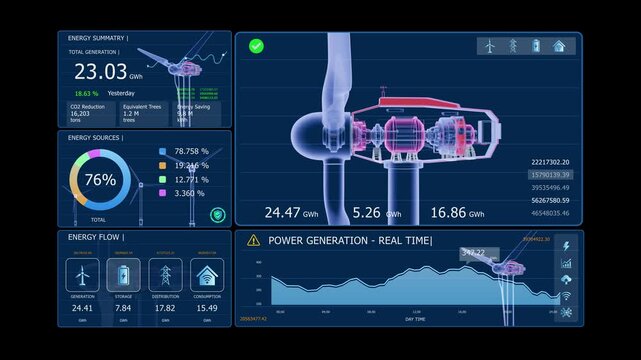 Digital wind turbine interface showing animated energy data, power output, turbine speed, efficiency, and real-time renewable energy performance monitoring.