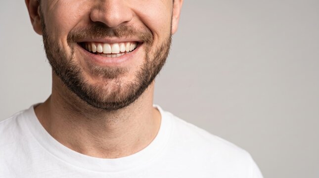 Closeup of a smiling man with a groomed beard wearing a white tshirt