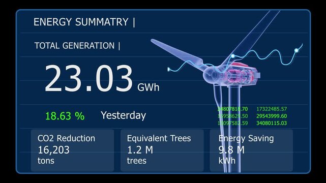 Wind Turbine Energy Dashboard, Wind Power Generation, Electricity Output, Animated Numbers, Renewable Energy Data, Smart Energy Monitoring