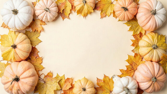 Autumn frame made of pumpkins and maple leaves on a beige background with copy space for text
