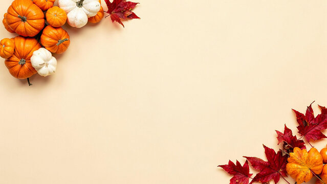 Autumn composition with pumpkins and colorful maple leaves on a light beige background, flat lay, top view, copy space