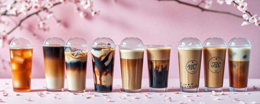 A row of various iced coffee and bubble tea drinks in clear plastic cups with lids, arranged on a pink surface with cherry blossom petals