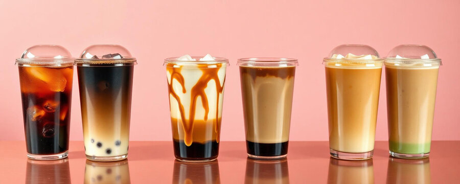 A row of six different iced bubble tea drinks with various toppings and flavors, presented in clear plastic cups against a soft pink background