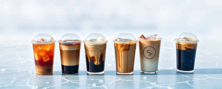 A row of six different iced coffee drinks in clear plastic cups with lids arranged on a light blue textured surface with scattered ice cubes