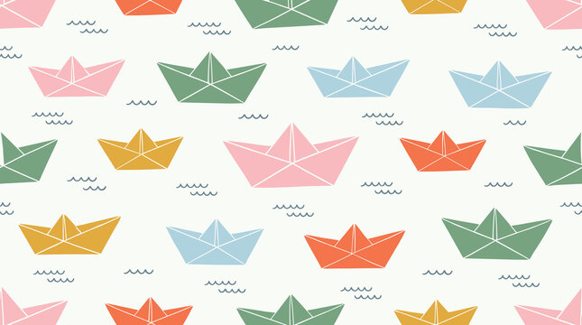 Seamless pattern of colorful paper boats floating on water with small waves on a light background, for nursery and, kids decor